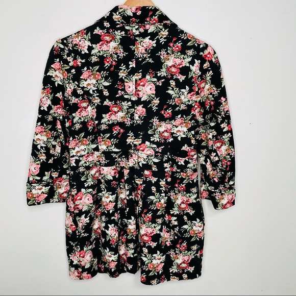 VINTAGE Floral Pink Retro Print Black Collared Blazer Duster Coat Jacket - Picture 7 of 7